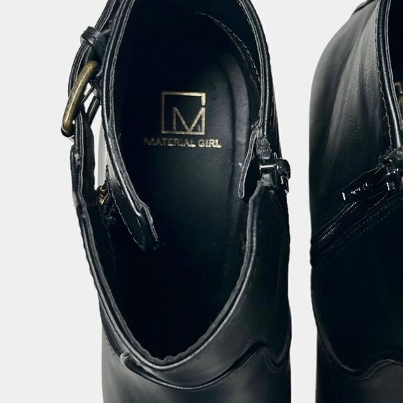 Material Girl Black Heeled Boots Moto Combat Ankle Booties with Heel Buckle Zip - Picture 11 of 12